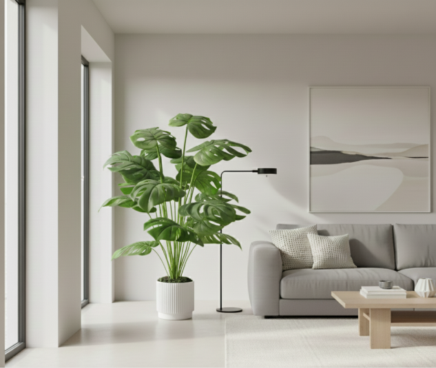 Large artificial Monstera Deliciosa plant in a white pot standing in a bright, modern living room corner next to a beige sofa and window.
