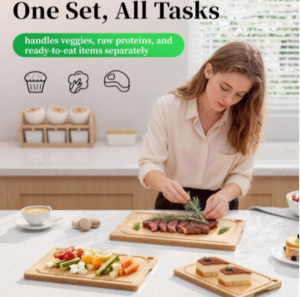 Woman using three separate bamboo cutting boards for steak, vegetables, and cake to demonstrate food safety with text overlay reading "One Set, All Tasks".