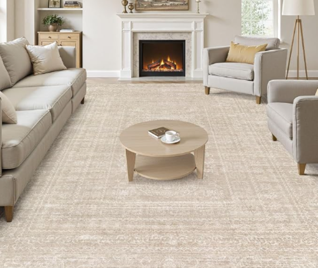 Affordable luxury Large beige vintage distressed area rug in a neutral living room with cream sofas and a fireplace.