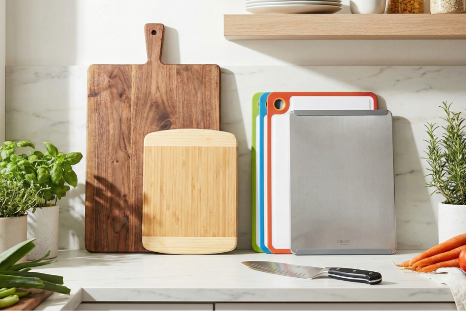 Comparison display of different cutting board materials on a modern kitchen counter, showing a large walnut wood board, a smaller bamboo board, stacked color-coded plastic boards, and a stainless steel metal board next to fresh vegetables and a chef's knife