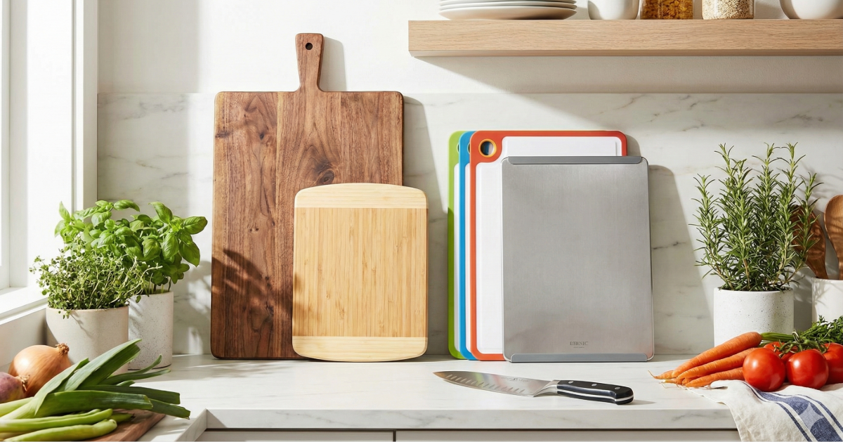Comparison display of different cutting board materials on a modern kitchen counter, showing a large walnut wood board, a smaller bamboo board, stacked color-coded plastic boards, and a stainless steel metal board next to fresh vegetables and a chef's knife