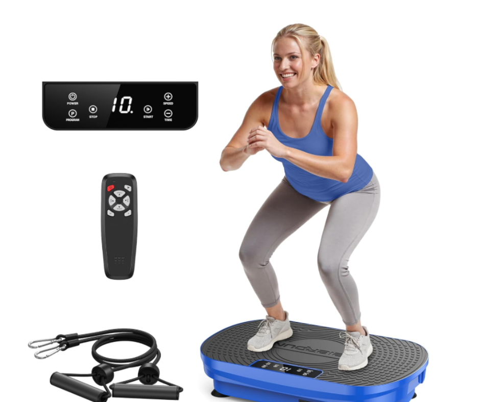 A blue vibration plate bundle showing a blonde woman squatting, a digital display panel, a remote control, and resistance bands with handles