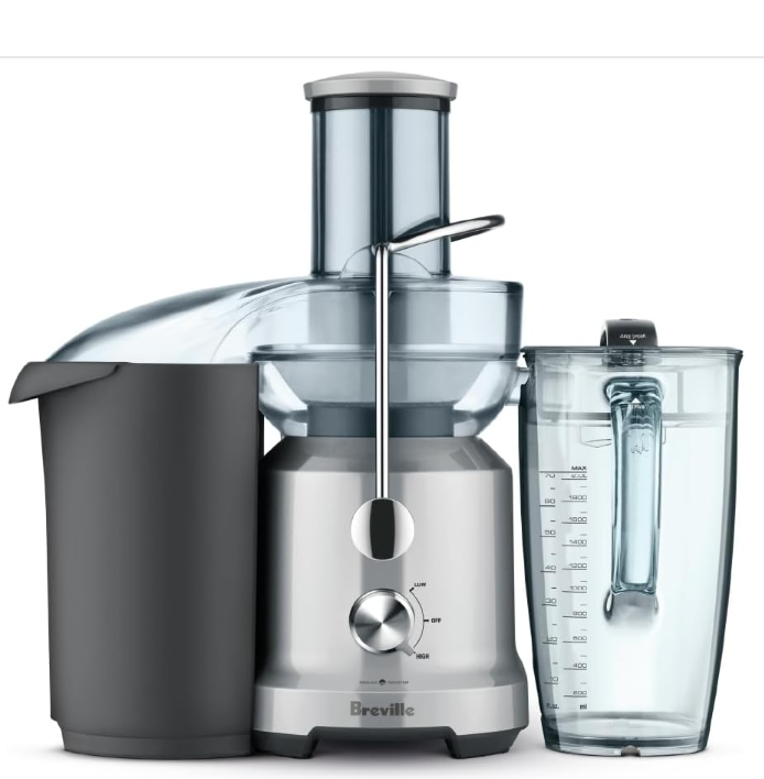 Breville Juice Fountain Cold centrifugal juicer in stainless steel with a large 70 fl oz juice jug and wide 3-inch feed chute.
