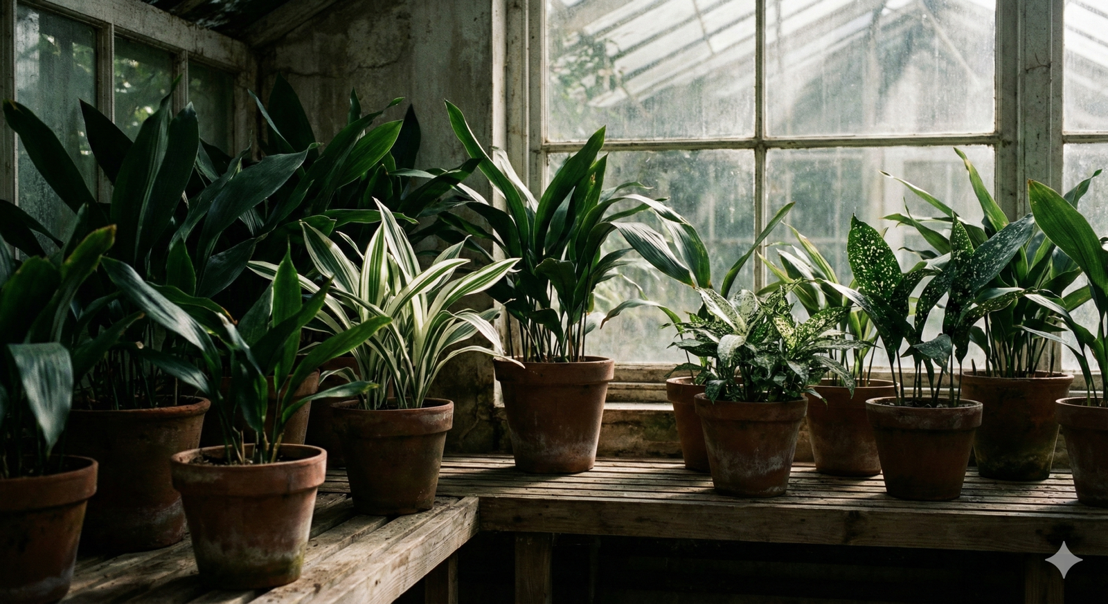 A realistic cinematic photograph showing several varieties of cast iron plants in terracotta pots on a wooden bench inside a rustic greenhouse with natural light.