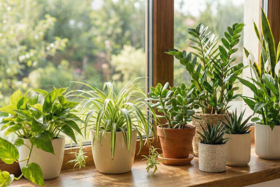 A collection of five different houseplants, including a trailing neon pothos, a tall ZZ plant, two small succulents, and a large snake plant, arranged in various ceramic and terracotta pots on a wooden window sill with a blurred green garden outside.