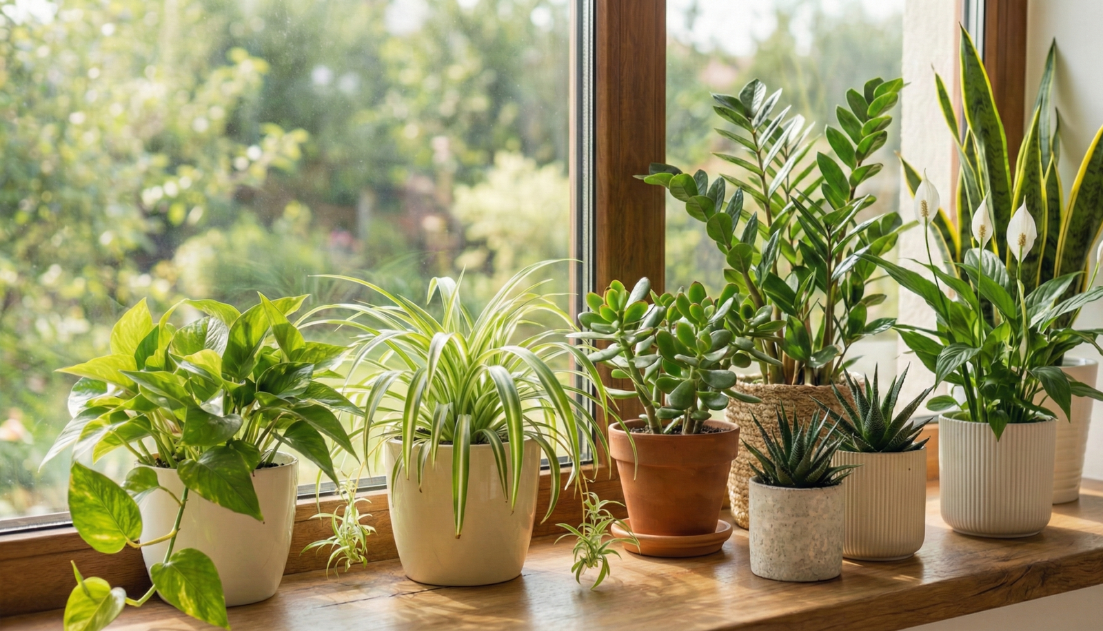 A collection of five different houseplants, including a trailing neon pothos, a tall ZZ plant, two small succulents, and a large snake plant, arranged in various ceramic and terracotta pots on a wooden window sill with a blurred green garden outside.