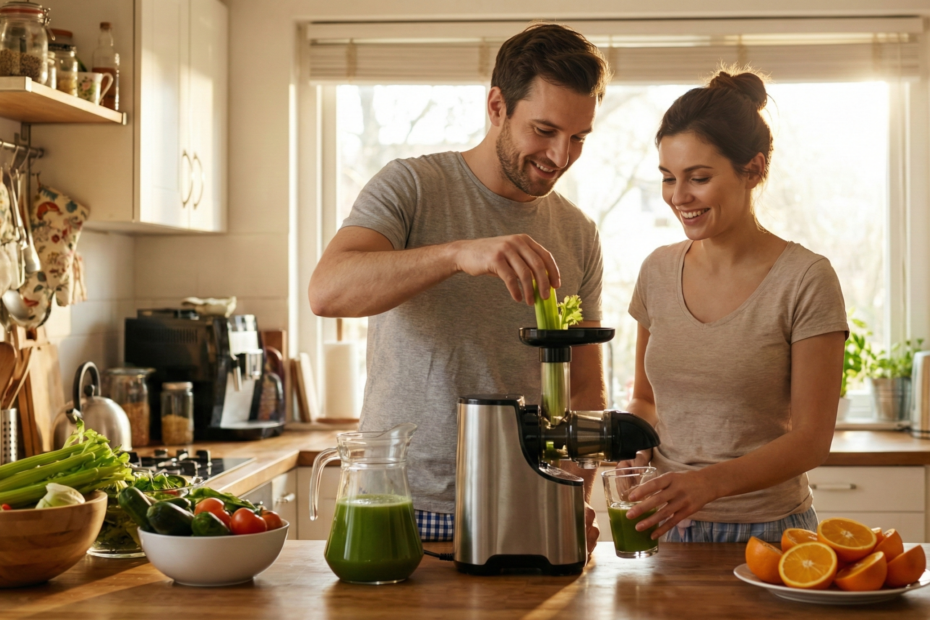 A smiling couple in a sunlit kitchen making green juice with a masticating juicer, with fresh vegetables and oranges on the counter.