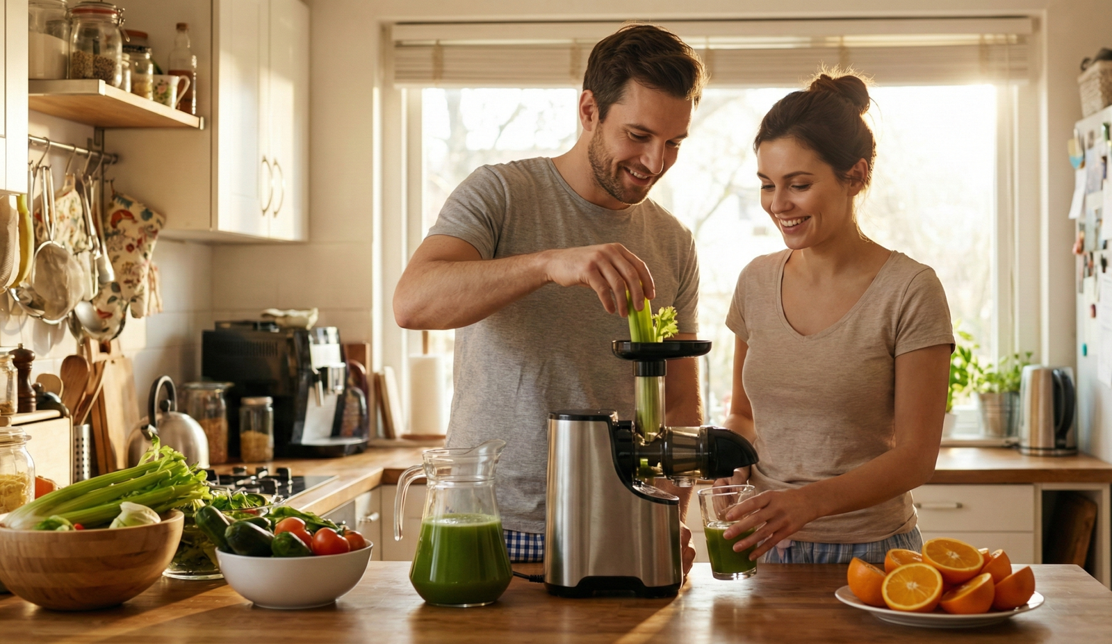 A smiling couple in a sunlit kitchen making green juice with a masticating juicer, with fresh vegetables and oranges on the counter.