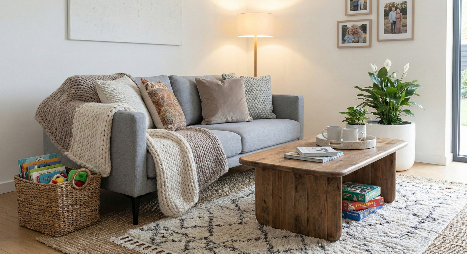 A cozy family-friendly living room with a grey sofa with a chunky knit blanket and pillows, a rustic wooden coffee table with books, and a woven basket filled with toys