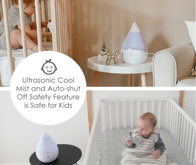 Collage of a white Crane Drop ultrasonic cool mist humidifier in a nursery setting next to a baby in a crib. A central text overlay highlights its "Ultrasonic Cool Mist and Auto-shut Off Safety Feature is Safe for Kids."