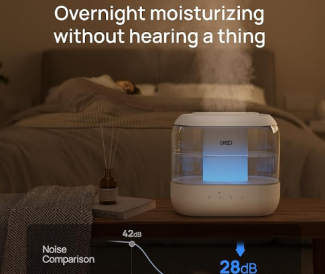 Dreo quiet humidifier on nightstand - featured in our list of the Top 10 Humidifiers