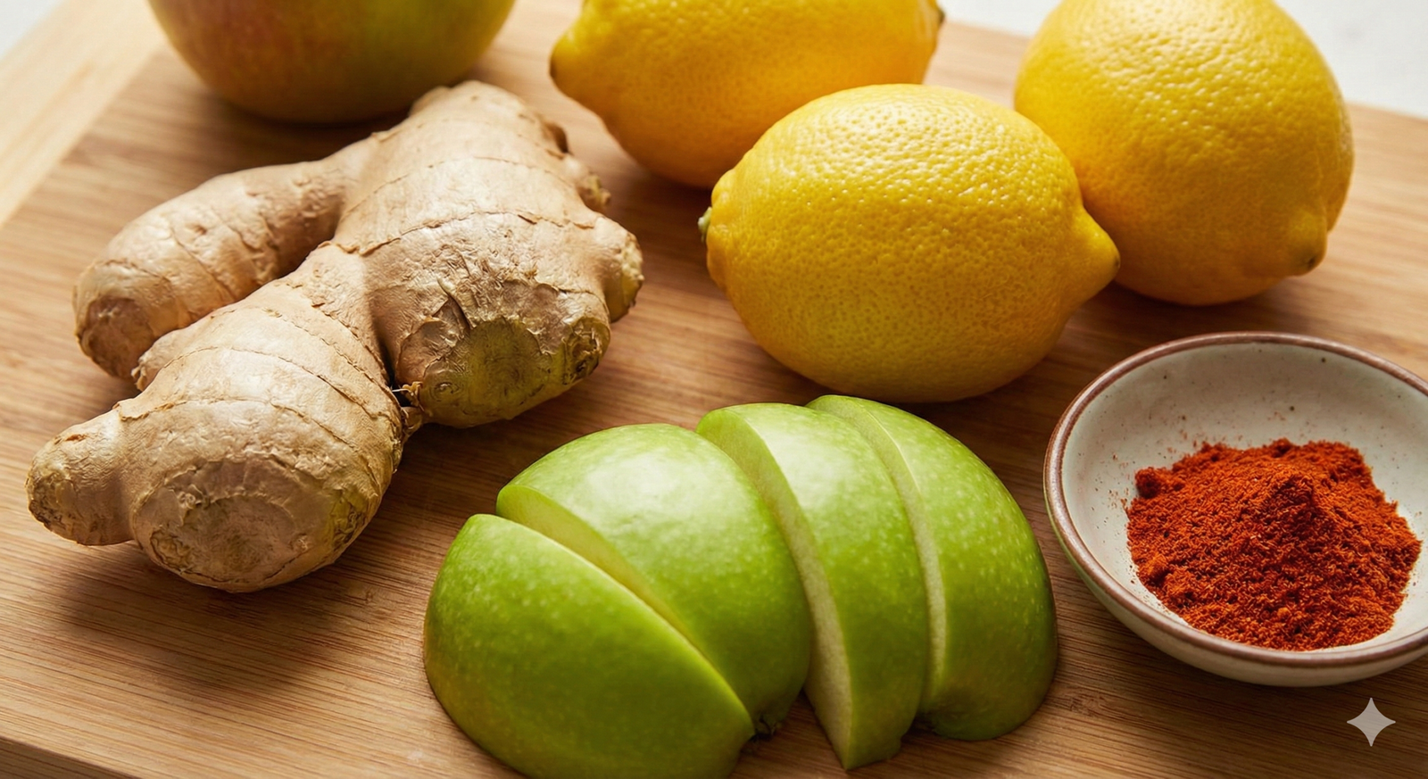 A close-up of fresh ginger root, whole lemons, sliced green apple, and a small bowl of red cayenne pepper powder arranged on a wooden cutting board