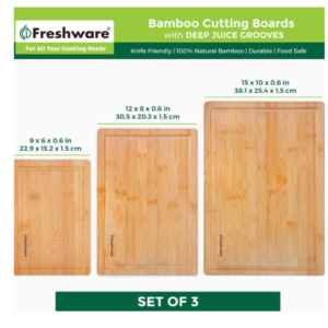 Set of three Freshware bamboo cutting boards in small, medium, and large sizes, featuring deep juice grooves and natural wood grain.
