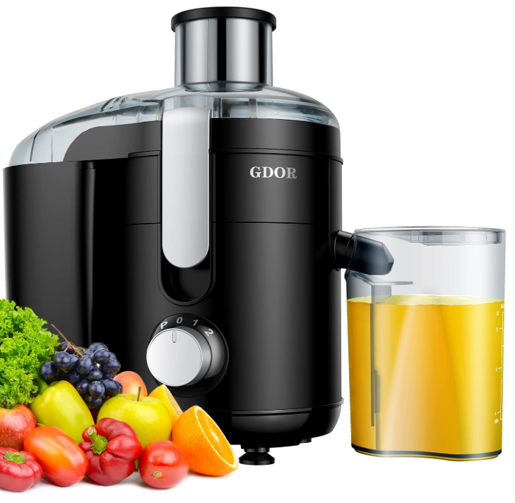 A GDOR centrifugal juicer machine with a wide feeding chute, stainless steel body, and transparent lid.