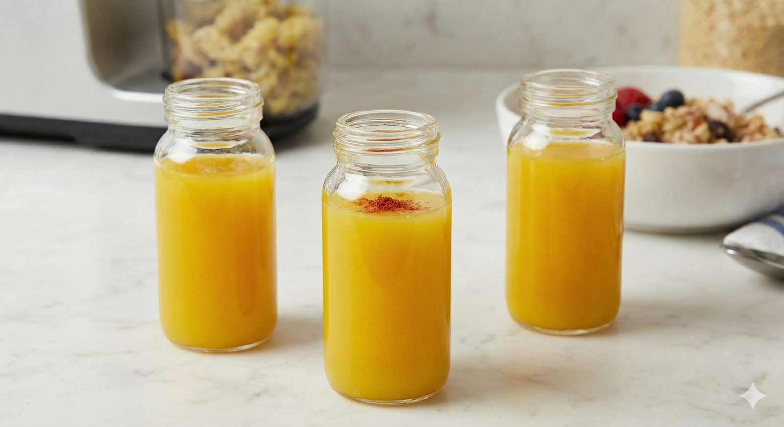 Three glass bottles filled with yellow ginger-lemon juice, one with a sprinkle of cayenne pepper, on a marble countertop with a juicer and oatmeal in the background.