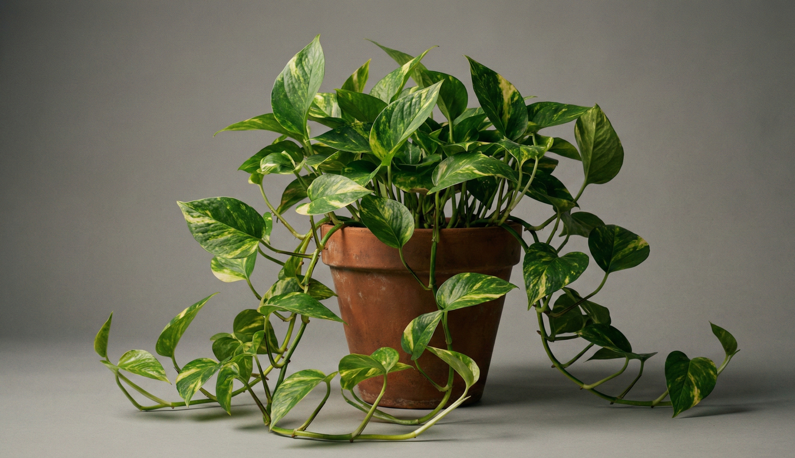 A healthy Golden Pothos plant with variegated green and yellow heart-shaped leaves trailing from a rustic terra cotta pot against a solid gray background.