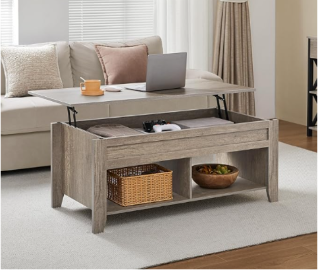 Grey lift-top coffee table with hidden storage representing functional affordable luxury furniture