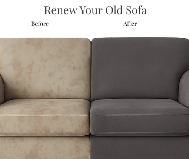 Before and after comparison showing an old beige sofa transformed by a dark grey stretch sofa slipcover.