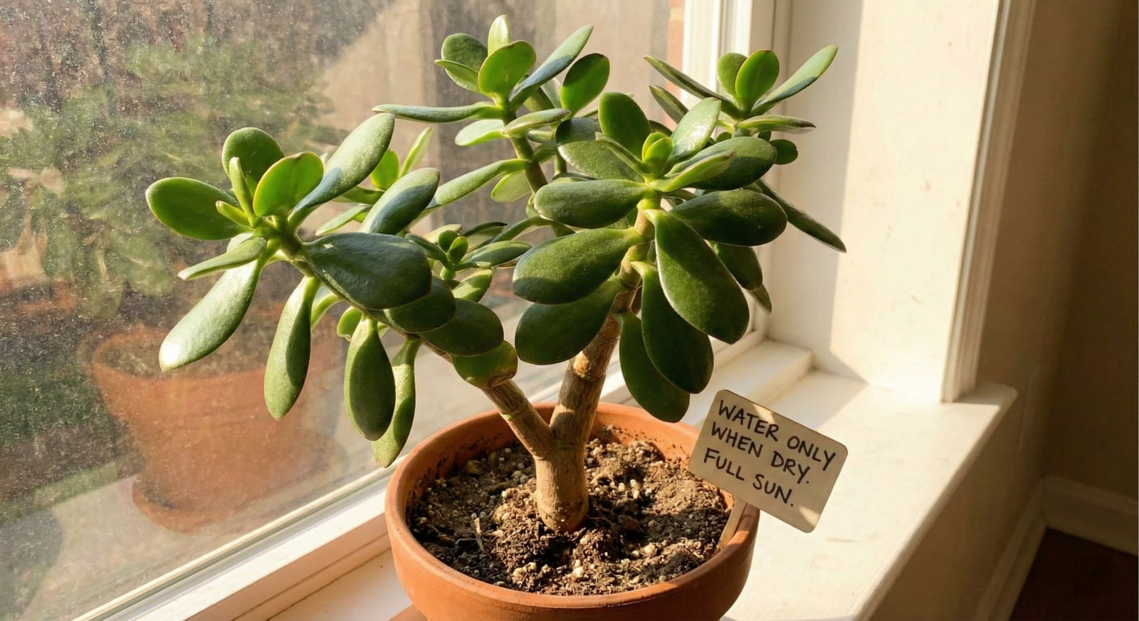 A healthy Jade Plant (Crassula ovata) in a terracotta pot on a sunlit windowsill with a small sign reading "WATER ONLY WHEN DRY. FULL SUN