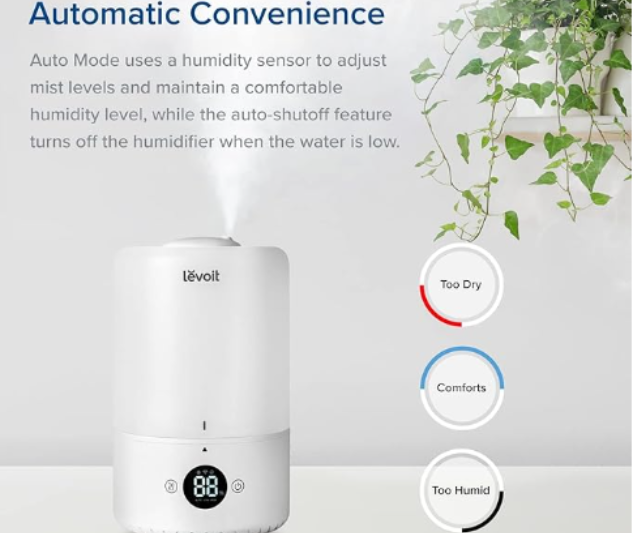 Levoit humidifier infographic titled Automatic Convenience explaining Auto Mode humidity sensor features with icons for Too Dry, Comforts, and Too Humid levels.