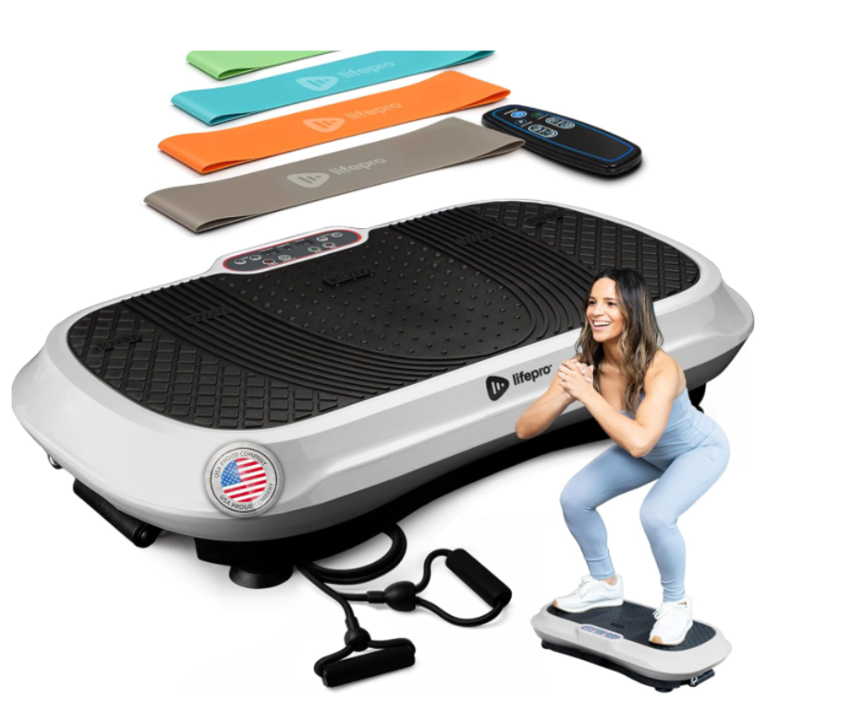 LifePro vibration plate bundle with resistance bands, remote, and arm cords, showing a woman in light blue activewear squatting on the machine