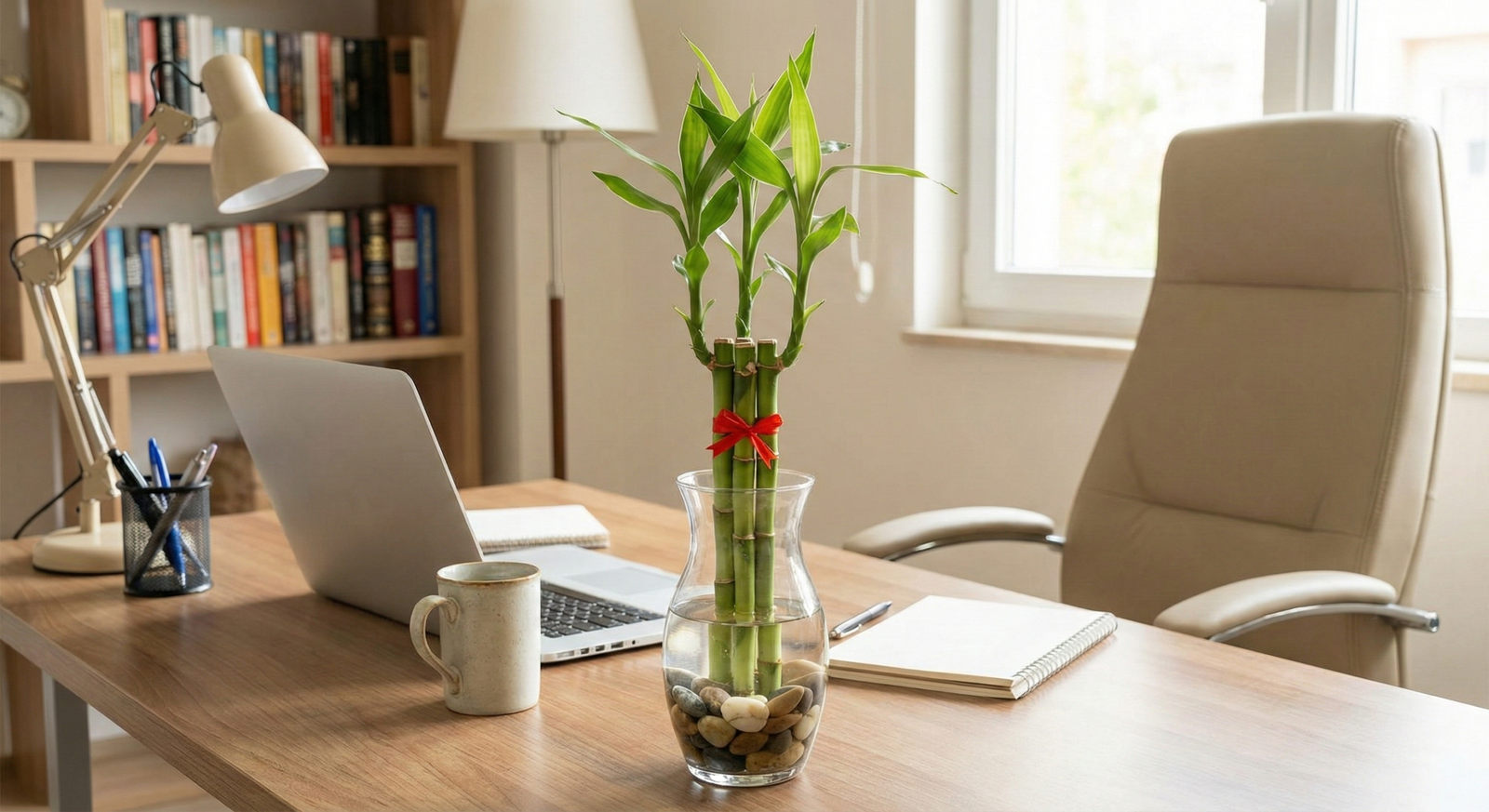 A vibrant lucky bamboo plant in a clear glass vase with pebbles, sitting on a wooden desk next to a laptop and mug in a sunlit home office.