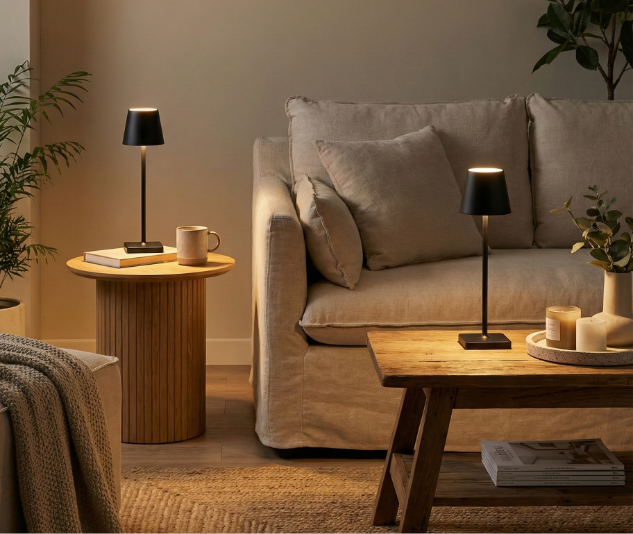 Two matte black cordless table lamps illuminating a modern neutral living room with a beige sofa and fluted wood side table.