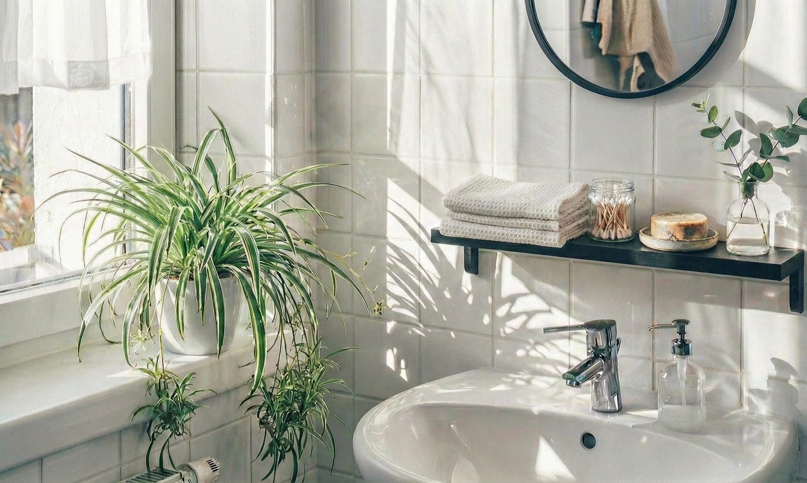 A sunlit modern bathroom with a large spider plant on the windowsill, white square tiles, a black shelf with towels and a glass jar, a ceramic sink, and a round mirror.