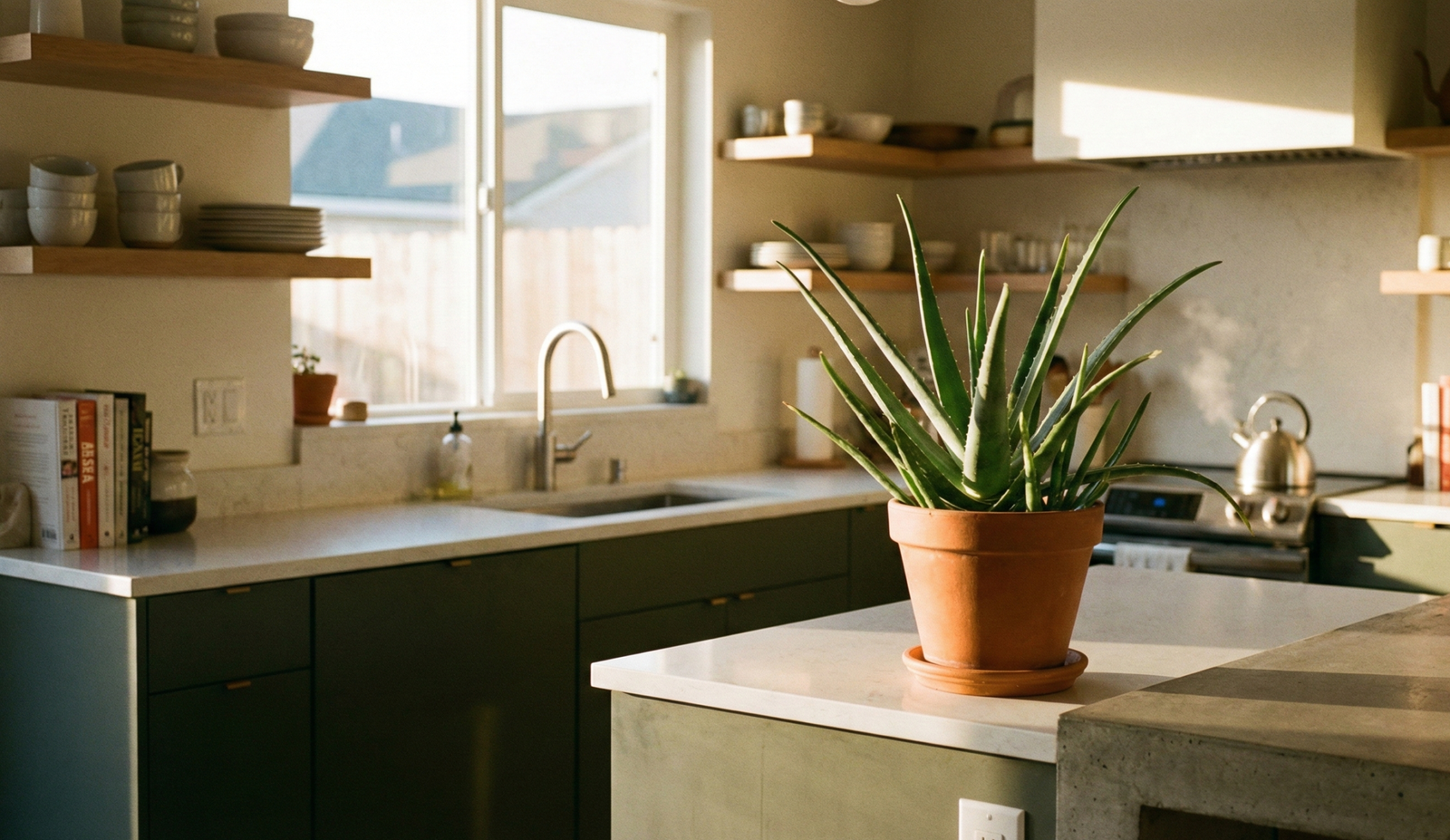 A healthy aloe vera plant in a terracotta pot on a white kitchen island, featuring sage green lower cabinets, open wooden shelving, and warm golden hour sunlight. Caption: Morning light meets minimalist greens