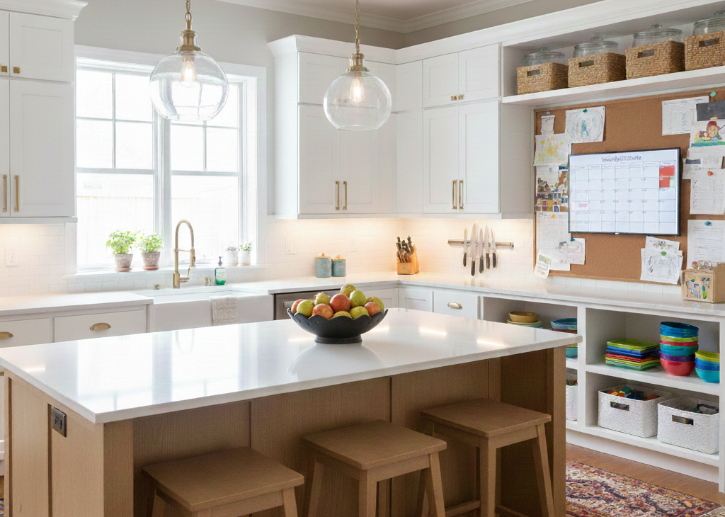 Modern white kitchen interior featuring a large island with wooden stools, pendant lighting, and a built-in family command center with a wall calendar, corkboard, and organized open shelving storage.