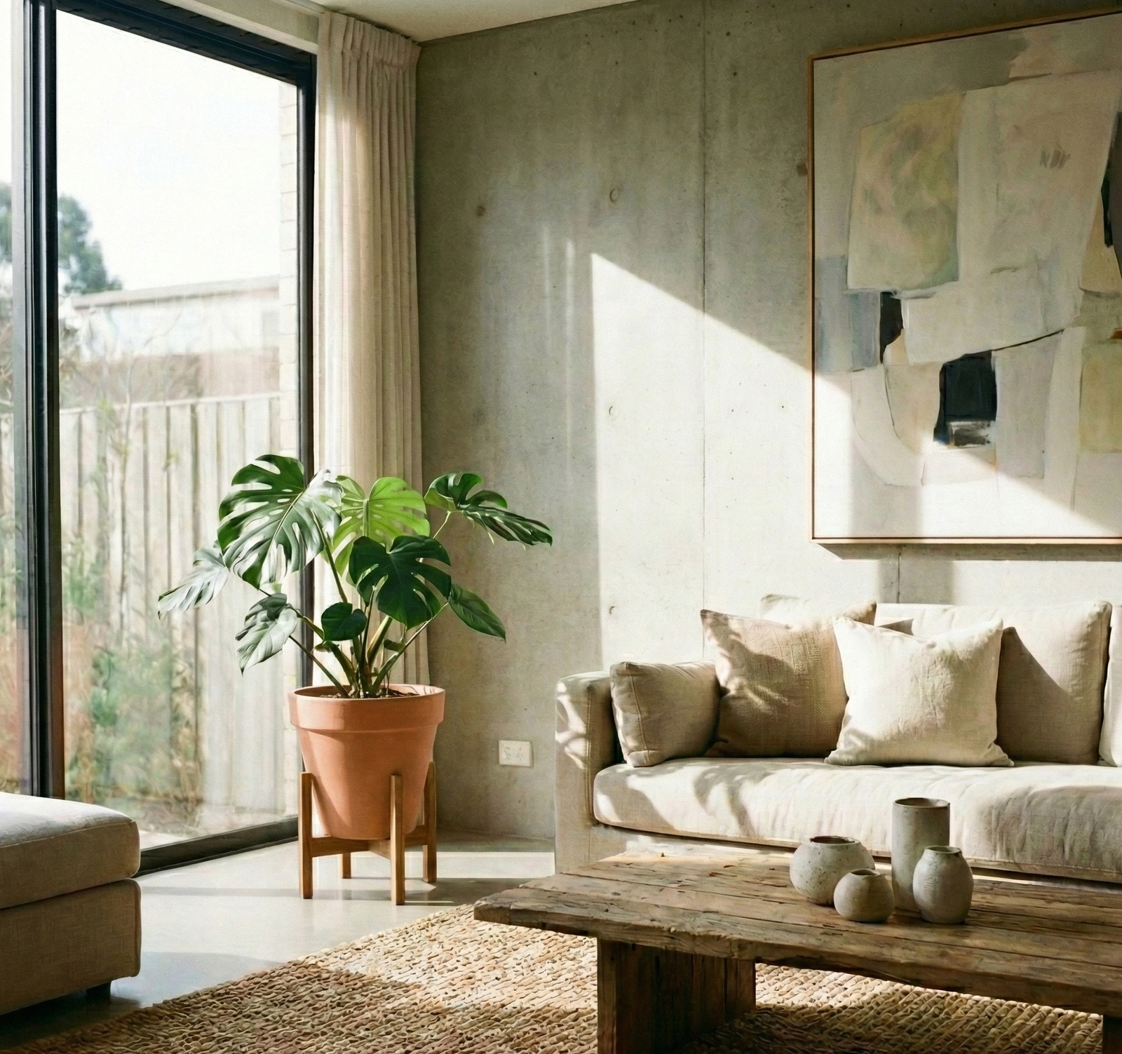 A medium-sized Monstera Deliciosa plant in a terracotta pot on a wooden stand, positioned in the corner of a bright, modern living room with concrete walls and natural light.
