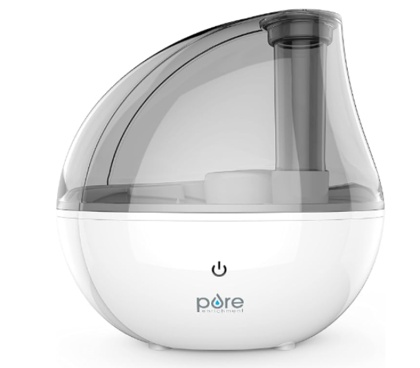 Pure Enrichment MistAire Ultrasonic Cool Mist Humidifier featuring a sleek teardrop design and transparent water tank - voted one of the Top 10 Humidifiers