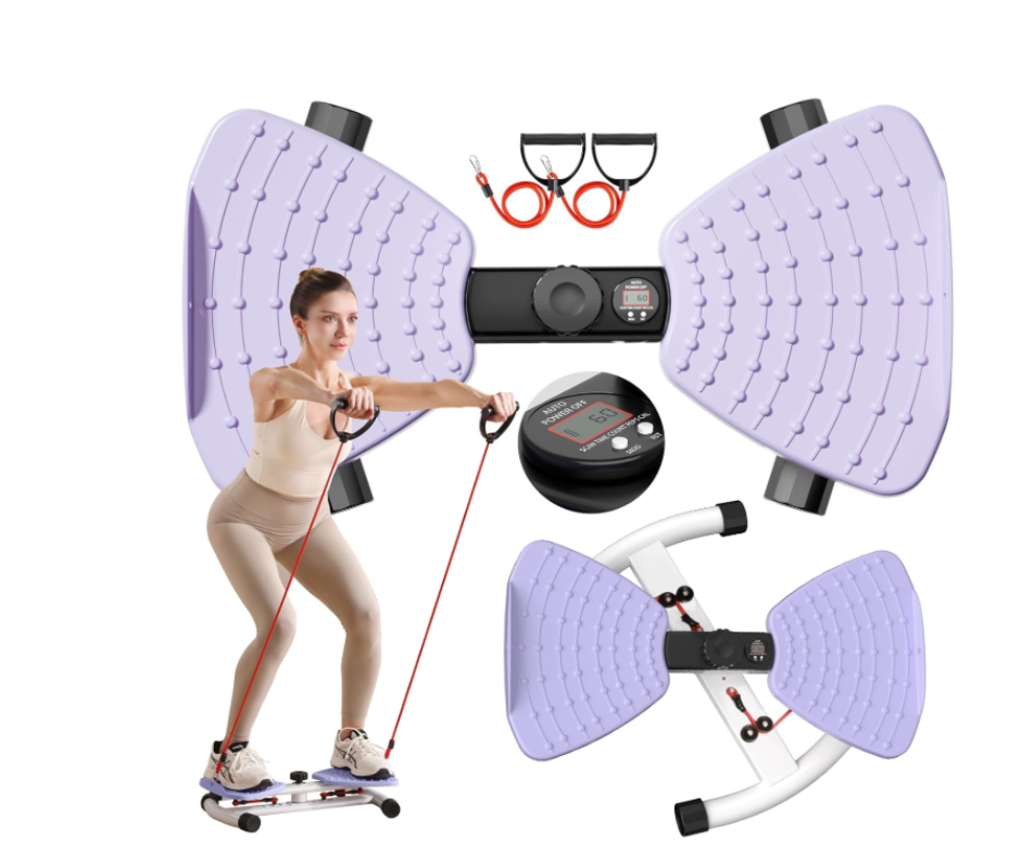 A collage showing a woman exercising on a purple split twist board with resistance bands, including close-ups of the digital display and textured foot pads