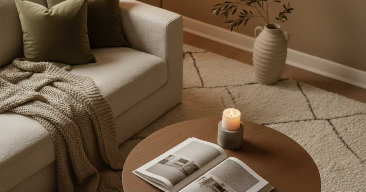 Affordable luxury living room featuring quiet luxury beige sofa, minimalist decor, and candle on a wooden coffee table.