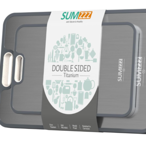 Packaged SUMZZZ double-sided cutting board set featuring a grey pure titanium surface and food-grade PP side with white handle cutouts.
