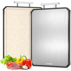 Dual-sided cutting board featuring a silver pure titanium surface for raw meats and a speckled wheat straw PP surface for vegetables, with a built-in juice groove.