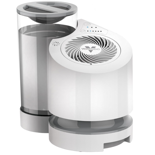 Studio product shot of the white Vornado EV100 evaporative humidifier featuring a clear side water tank and the signature vortex fan grill on top