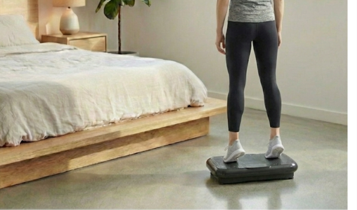 Rear view of a woman in a grey t-shirt and black leggings standing on a black vibration plate in a bright bedroom with a wooden bed and large potted plant