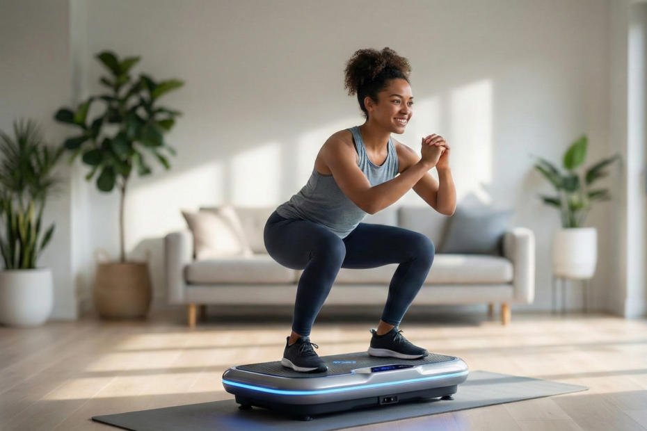 A woman in grey athletic wear performs a squat on a sleek, modern vibration plate exercise machine in a bright, sunlit living room