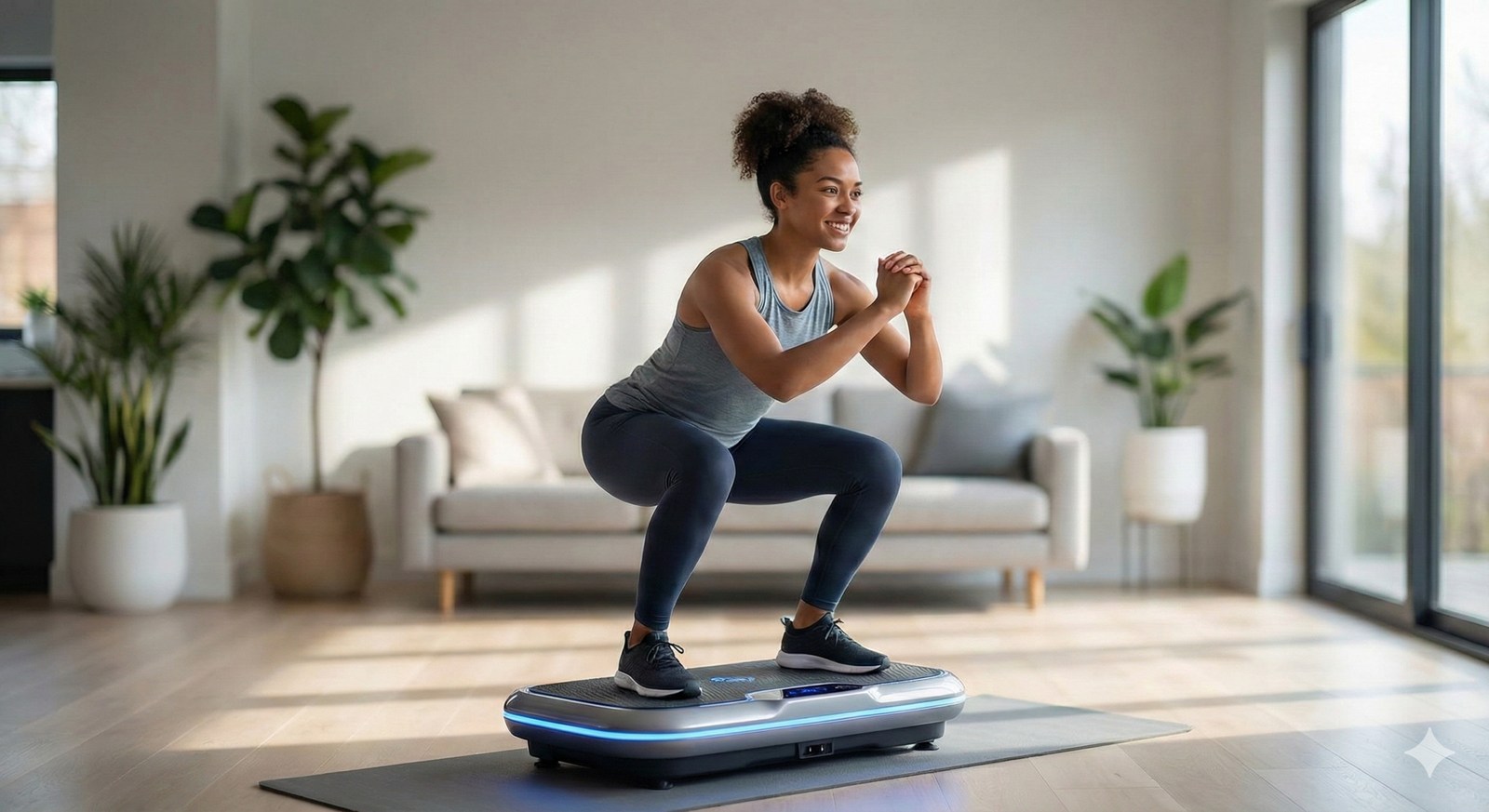 A woman in grey athletic wear performs a squat on a sleek, modern vibration plate exercise machine in a bright, sunlit living room