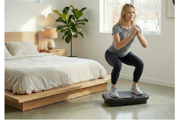 A woman with blonde hair in a grey t-shirt and black leggings performs a deep squat on a black vibration plate in a sunlit bedroom with a wooden bed and large plant.