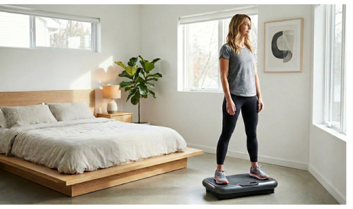 photograph of a woman in workout clothes standing on a black vibration plate in a sunlit bedroom, looking out a large window