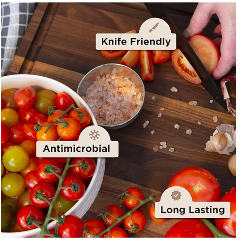 Infographic text listing the pros (knife friendly, aesthetics, longevity) and cons (hygiene anxiety, high maintenance) of using wood cutting boards.