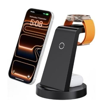 Black 3-in-1 wireless charging stand holding iPhone, Apple Watch with orange band, and AirPods case on compact circular base with nightstand display