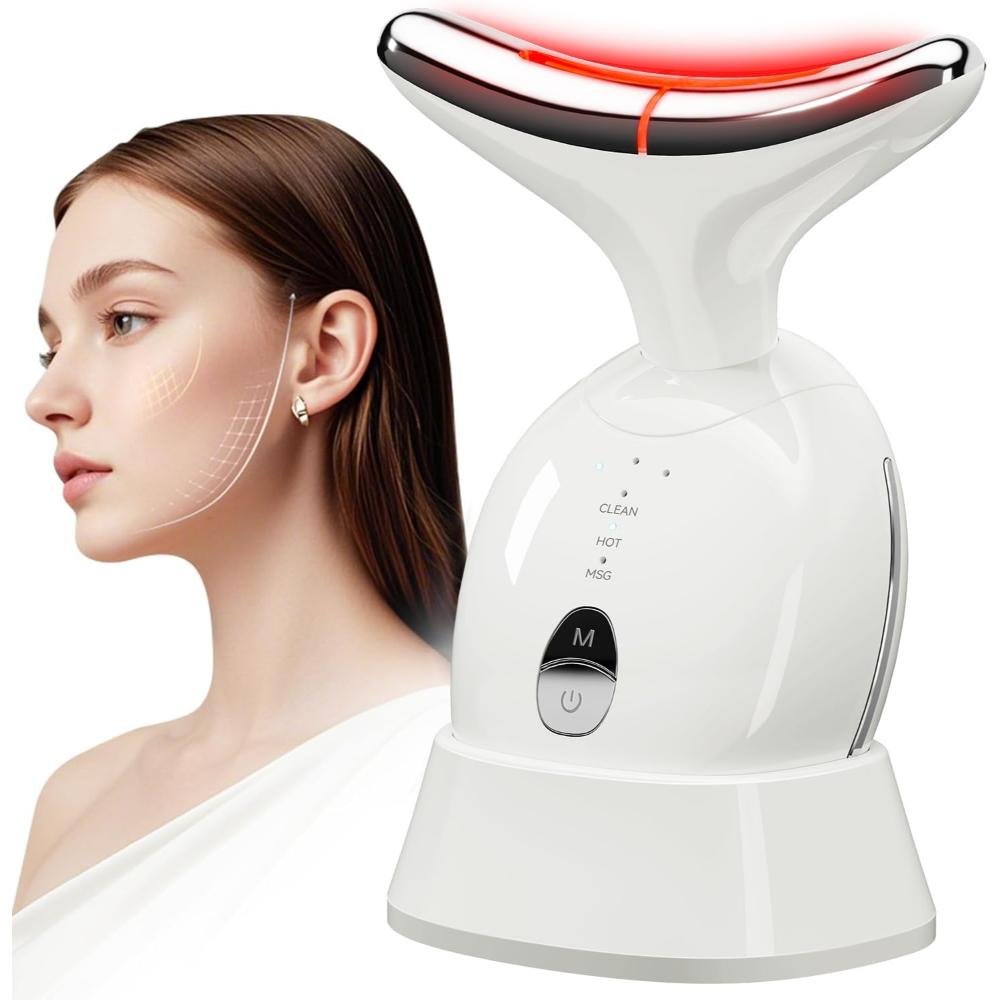 7-color LED red light therapy face and neck massager device white with charging base showing hot mode massage and clean settings