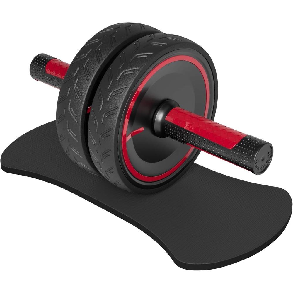 Red and black ab roller wheel with dual wheels, ergonomic foam handles, and thick cushioned knee pad mat on white background