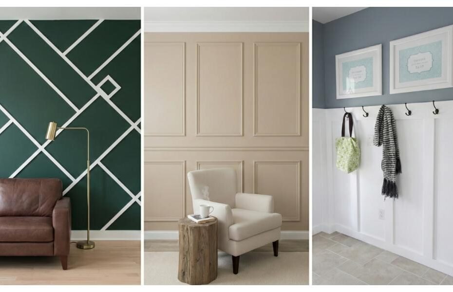 Three accent wall ideas including a geometric green wall with white trim, beige wainscoting panel wall with armchair, and a white board and batten entryway with coat hooks
