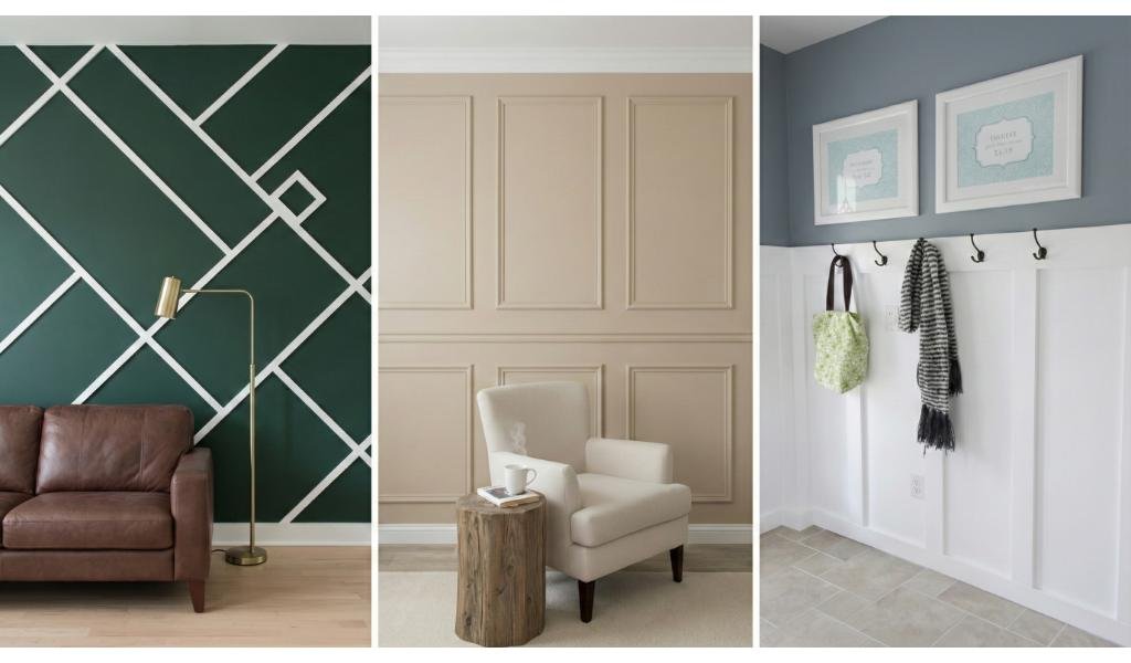 Three accent wall ideas including a geometric green wall with white trim, beige wainscoting panel wall with armchair, and a white board and batten entryway with coat hooks