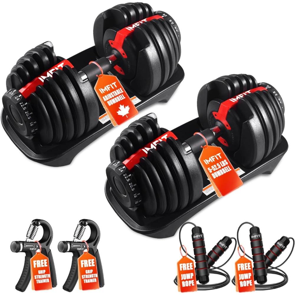 Pair of IMFIT adjustable dumbbells with red quick-turn dials, black weight plates, includes grip strengtheners and jump rope on storage trays