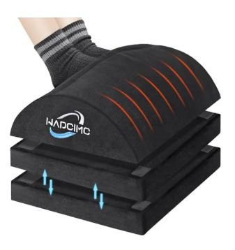 Black ergonomic adjustable foot rest with contoured rocking cushion and three-height platform positions for improved desk posture and circulation